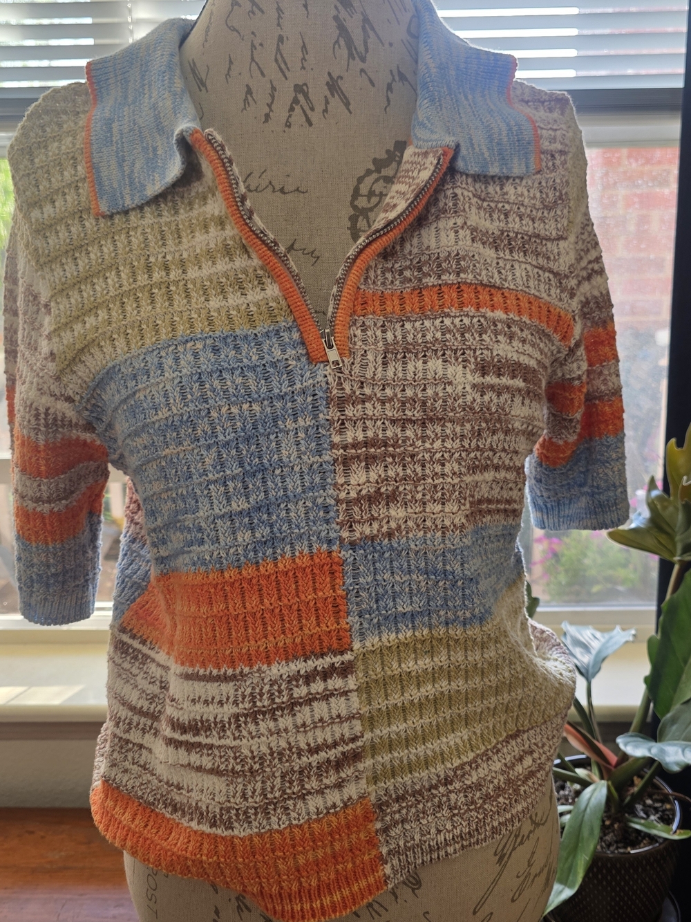 Anthropologie Flat White Multicolor Patchwork Knit Whimsy Polo